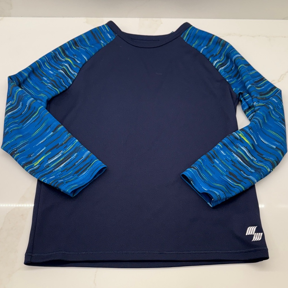 Kids Blue Rashguard with Wave Pattern Sleeves